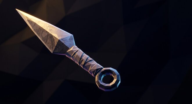 3D low poly kunai ninja weapon floating on dark abstract background with dramatic lighting