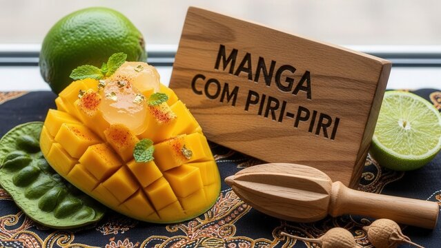 Gourmet Manga com Piri-Piri sliced mango with lime gel, chili dust, and edible gold against vibrant negative space