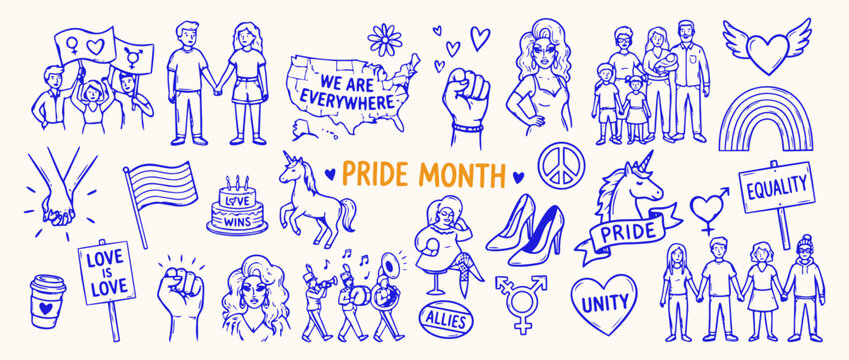 Pride Month Doodle Collage: A vibrant collection of hand-drawn illustrations celebrating LGBTQ+ pride, featuring symbols of love, unity, equality, and diversity in a whimsical doodle style.