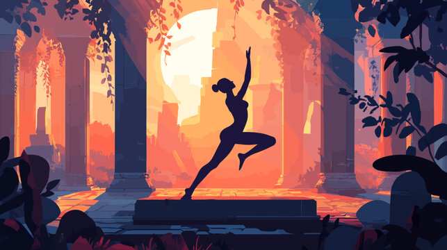 Silhouette woman dancing against vibrant sunset backdrop