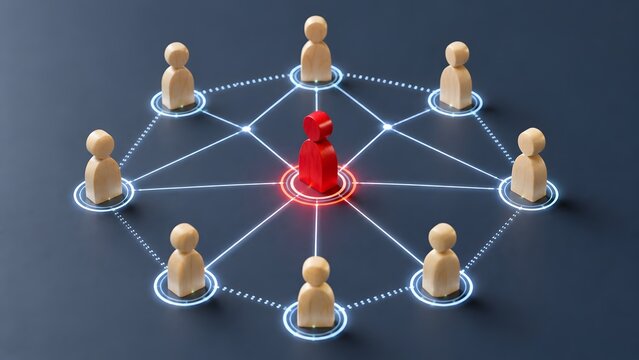 Red wooden figure in center of circular network of human figures representing central leadership and team management