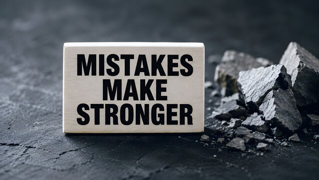 Wooden block with mistakes make stronger text next to broken rocks representing resilience and learning from failure
