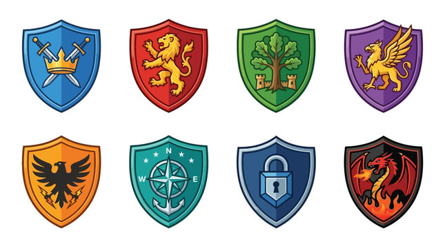 Heraldic shields, colorful crests, coat of arms icons, 8 emblems set, vector graphics
