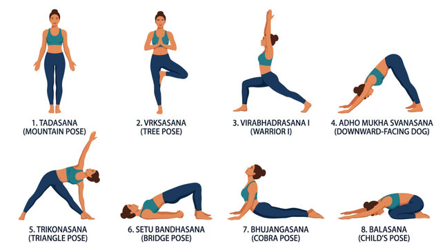 Yoga poses, 8 illustrations, woman in blue outfit, Tadasana, Vrikshasana, Warrior I, Downward-Facing Dog, Triangle Pose, Shivasana, Cobra Pose, Savasana