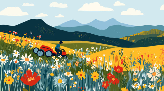 Person mowing a flower field with distant mountains