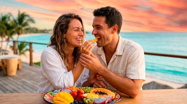 Woman feeding man tropical fruit at luxury resort terrace during romantic sunset. Couple enjoying healthy exotic breakfast near ocean. Travel vacation relaxation and lifestyle concept.