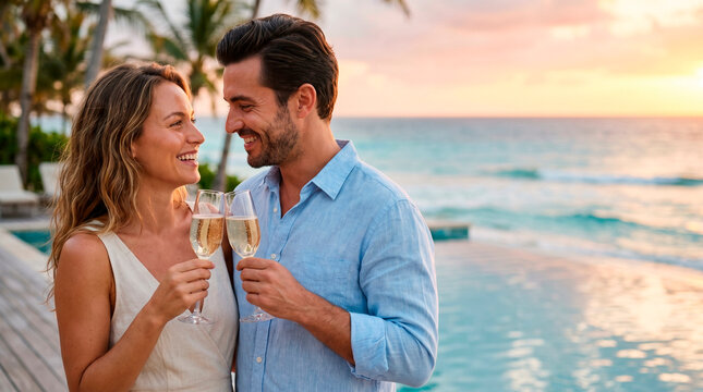 Couple drinking champagne by sunset at a luxury resort pool. Woman and man celebrating love on a tropical beach vacation. Romantic travel getaway, lifestyle hobby and leisure concept.