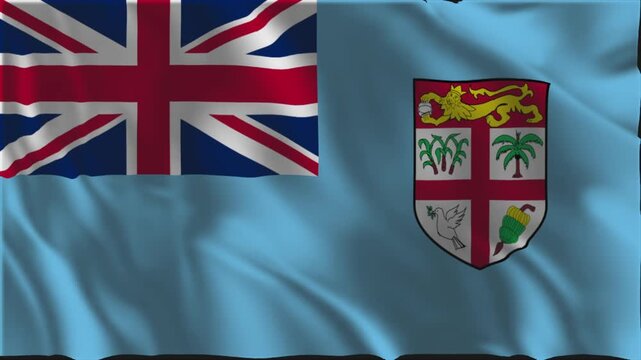 Flag of Fiji waving slowly in the foreground.
