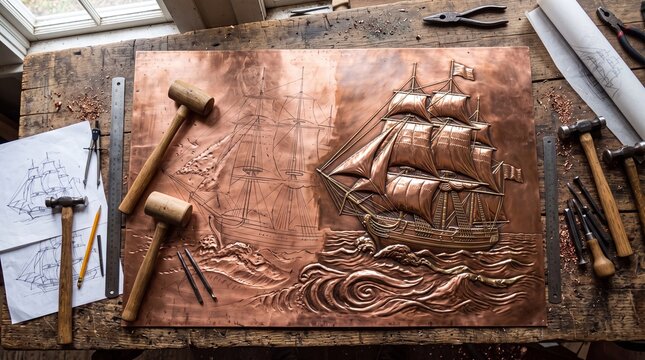 A metal chaser creates an image of a sailing ship.