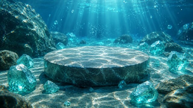 Underwater smooth rock podium with glowing aquamarine gemstones and light rays for aquatic cosmetic mockup