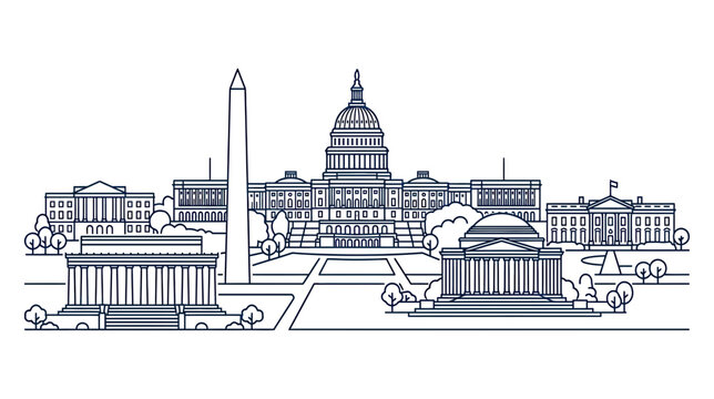 Washington DC Skyline Outline - Capitol Building, Monuments, White House