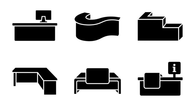 Reception Desk Icons, Office Counter Vector Set, Business Furniture Collection