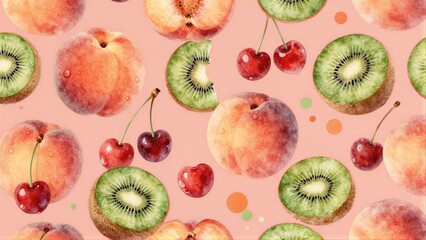 Fototapeta premium Watercolor fruits: peaches, cherries, kiwis on soft pink background.