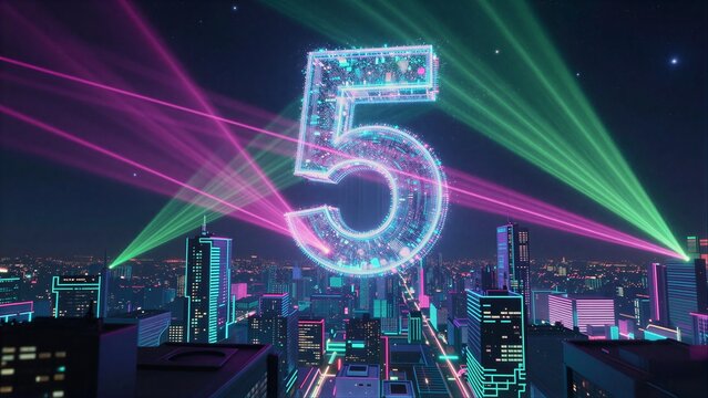 Vibrant neon number five glows above futuristic cityscape with dazzling laser beams.