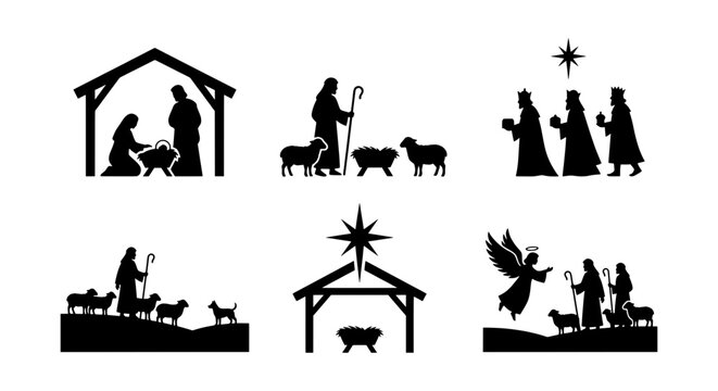 Nativity Scene Silhouettes, Christmas Story Icons, Religious Holiday Graphics