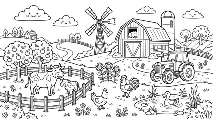 Naklejka premium Black and white farm scene with barn, animals, and windmill