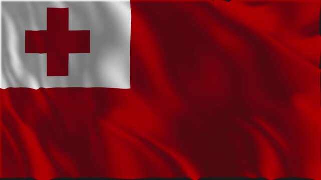 Flag of Tonga waving slowly in the foreground.