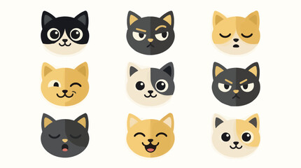 Obraz premium Collection of Nine Flat Design Cat Faces with Varied Emotions and Colors, Including Happy, Sad, Angry, and Sleepy Expressions, Vector Illustration