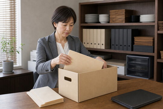 女性経理担当者が書類箱へ入れるフォルダ