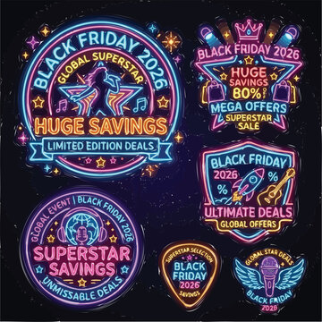 Neon Black Friday 2026 sale badges, glowing retro light signs for mega offers and huge savings, 6 vector superstar discount labels