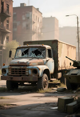 Obraz premium Abandoned rusty military truck with broken windows in urban setting