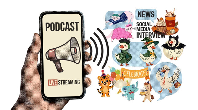 Vibrant Halftone Collage Featuring Hand Holding Megaphone Over Smartphone for Social Media Marketing Interview and Digital Communication Concept with Retro Pop Art Graphic and Bright Tone