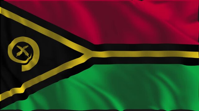 Flag of Vanuatu waving slowly in the foreground.