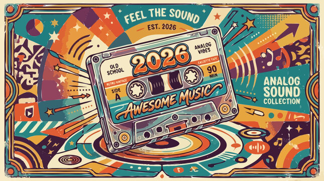Retro 2026 analog music cassette tape illustration, vintage 90s aesthetic audio poster, colorful geometric pop art background for music events