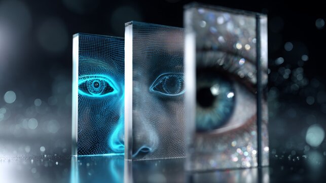 Artificial intelligence scanning human identity with biometric facial recognition technology, analyzing a woman's eye in digital and real forms