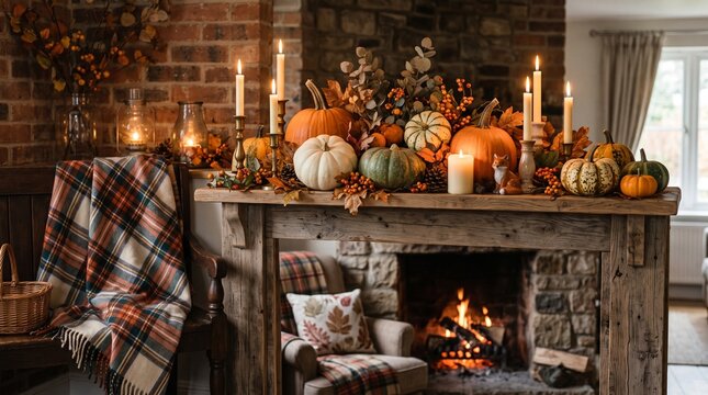 Cozy Autumn Fireplace Mantel Decorated With Pumpkins Candles and Fall Foliage