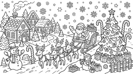 Obraz premium Festive Christmas Scene with Santa Claus and Reindeer in Snowy Village