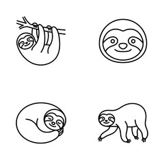Fototapeta premium Cute Sloth Icons Set: Hanging, Face, Sleeping, Walking Simple Line Art