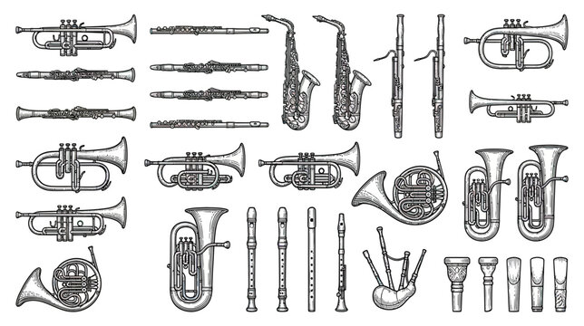 Set of Wind Musical Instruments, Hand-Drawn Sketch Style
