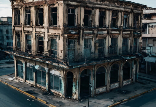Abandoned decaying urban building with broken windows