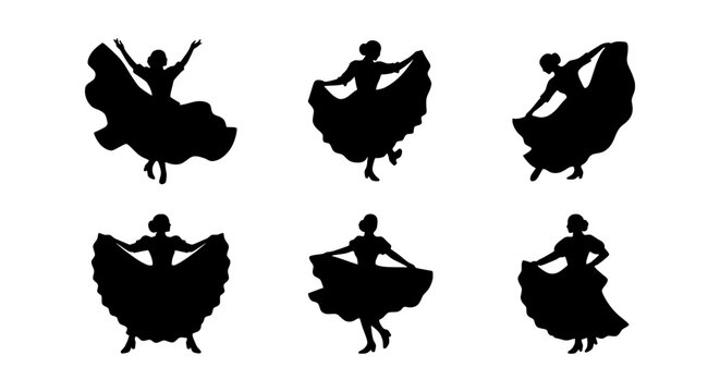 Flamenco Dancer Silhouettes, Traditional Spanish Dance Poses, Vector Set