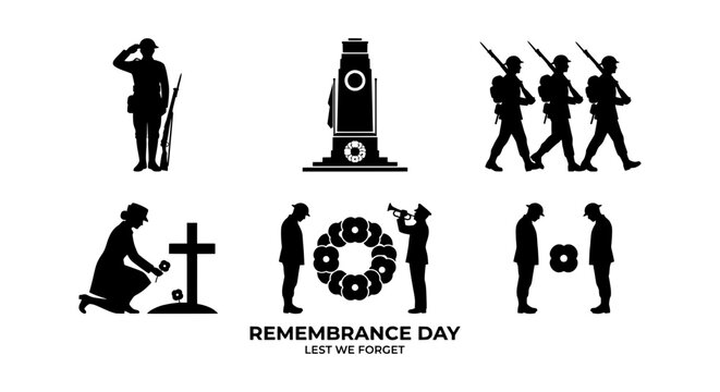 Remembrance Day Vector Icons: Soldier Saluting, War Memorial, Marching Troops, Poppy Wreath, Lest We Forget