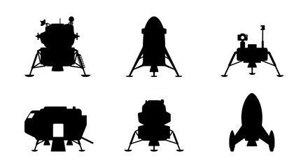 Spacecraft Silhouettes: Lunar Landers, Rockets, and Exploration Vehicles, Vector Set © TAMIM