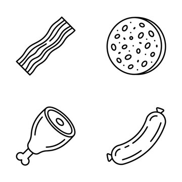 Meat Icons Set: Bacon, Salami, Ham Hock, Sausage - Line Art