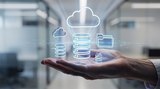 A hand holds holographic digital icons representing cloud storage, servers, and data management in a futuristic office environment.