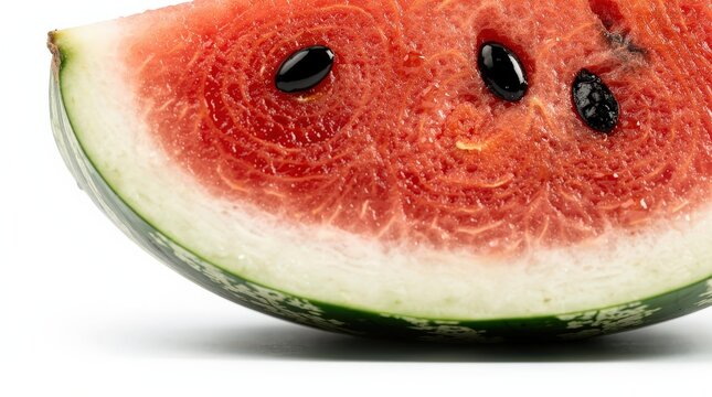 A close-up of a fresh watermelon slice showing juicy red flesh, black seeds, and green rind.