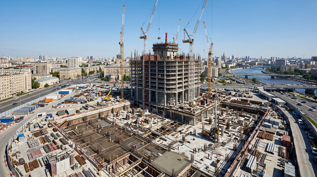Aerial view of a city construction site with a tall building