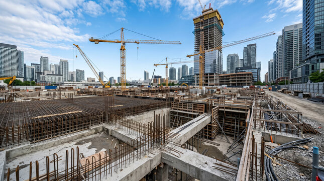 Construction site with unfinished reinforced concrete foundation