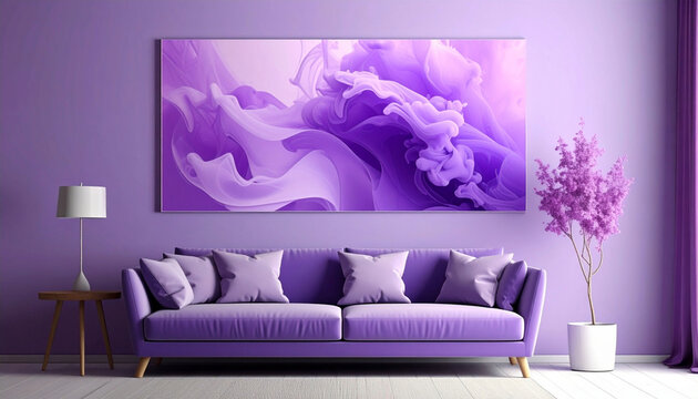 Minimalist living room interior featuring a vibrant purple couch under a large abstract ink-in-water painting