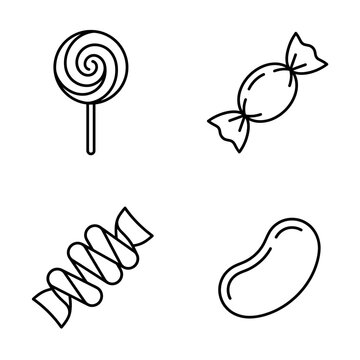 Sweet Treats Icons: Lollipop, Candy, Jelly Bean, Taffy - Line Art