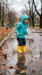 Obraz premium Joyful young boy in turquoise jacket and yellow boots splashing in autumn puddle