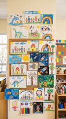Naklejka premium Childrens Artwork Displayed on a Bulletin Board Featuring Dinosaurs Dolphins Rainbows and Families