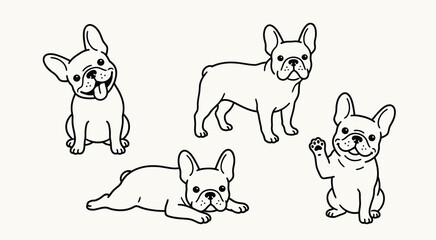 Fototapeta premium Set of four minimalist french bulldog illustrations in simple black with collection four cute