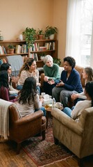 Obraz premium Diverse group of women in a cozy living room discussing and sharing ideas in a support group setting