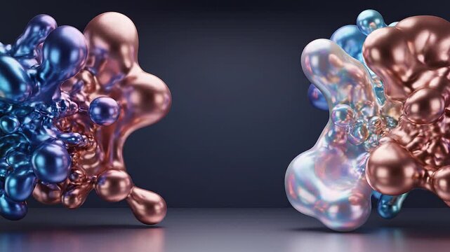 Abstract 3D rendering of interconnected metallic and glass-like organic shapes.