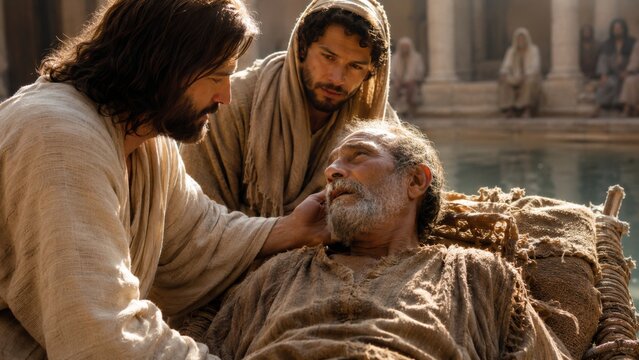 Jesus and an exhausted, infirm man by the water. A moment of compassion and healing, illustrating the ancient biblical story of faith and divine intervention.